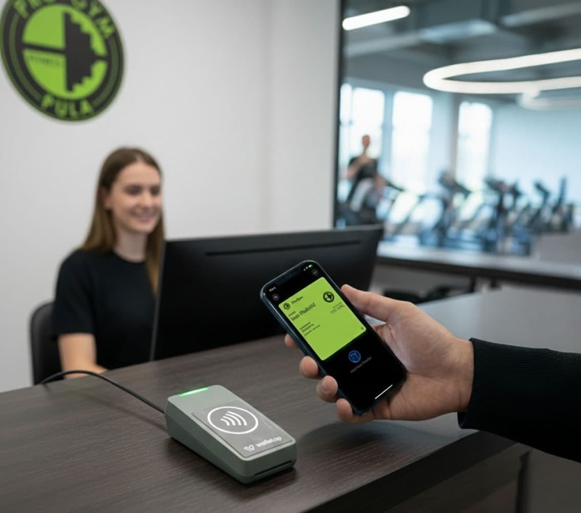 A member holding their Pro-Gym wallet pass to a Walletap NFC reader at reception
