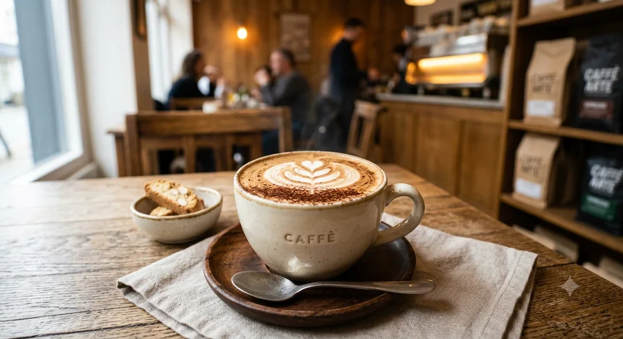 Kava s latte artom na drvenom stolu